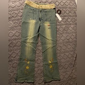NEW stretch Revolt jeans with embroidery and gems. Y2K style faded. Size 18